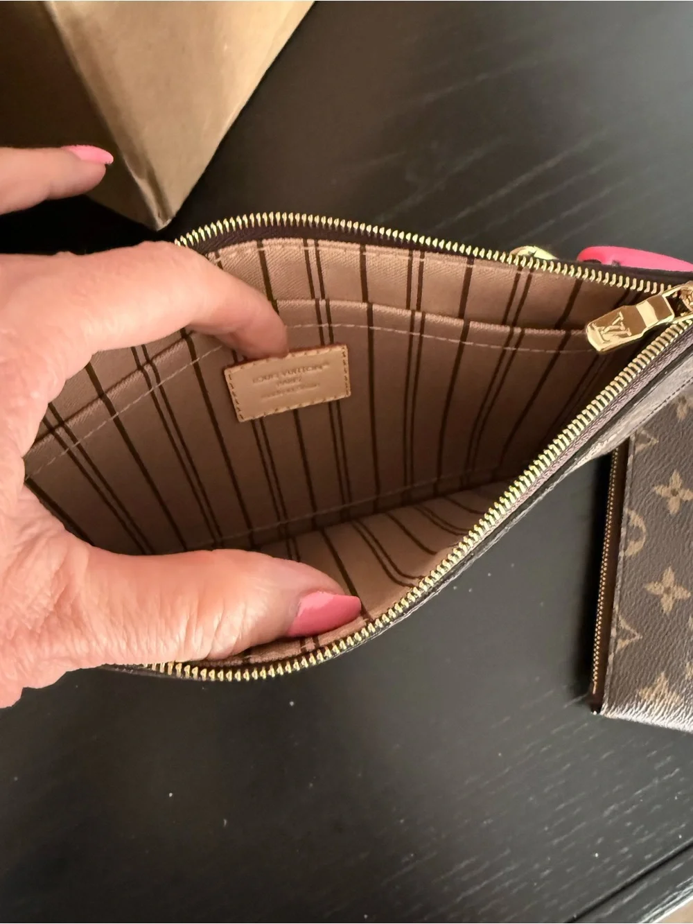 Louis Vuitton Brown Monogram Wristlet with Pink Stripe and Patch